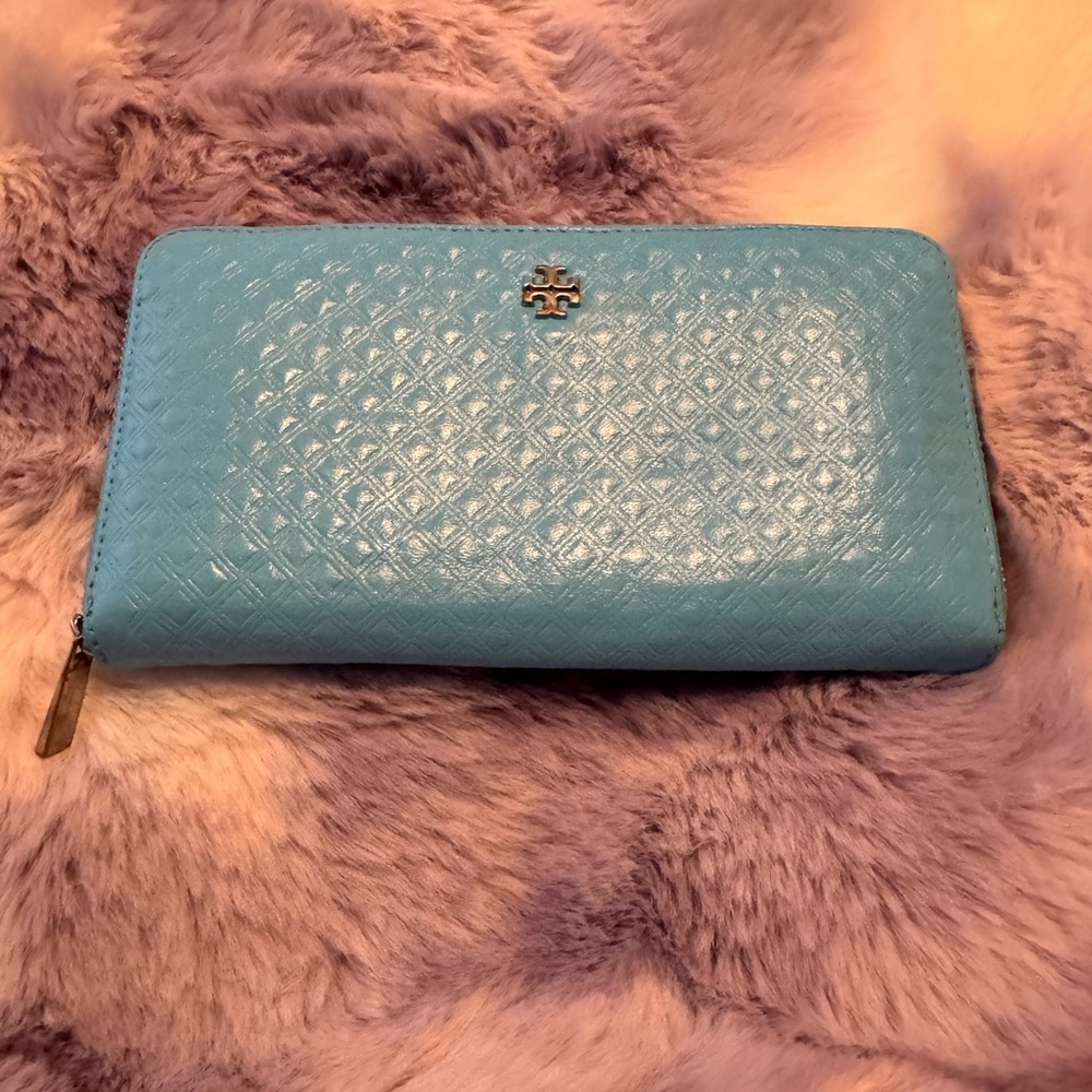 Tory Burch Sky Blue Embossed Wallet